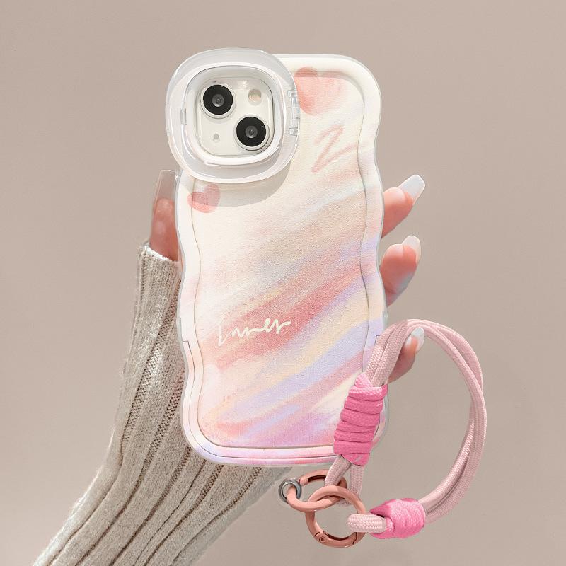 Pink and Purple Smudge Lanyard Suitable for Apple 16pro Mobile Phone Case Iphone15 Invisible Double Bracket 14 Silicone Anti-fall X