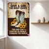Vintage Western Metal Sign 'GIVE A GIRL THE RIGHT SHOES AND SHE CAN CONPYUR THE WORLD' with Cowboy Boots & Sunflowers Rustic Hom