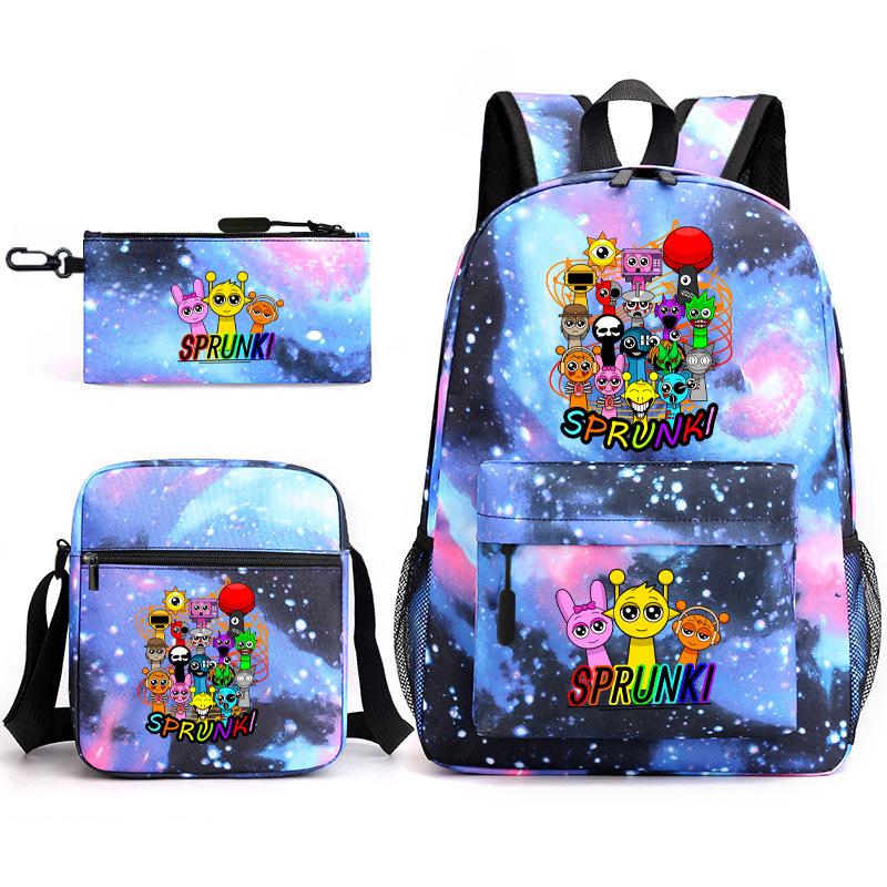Sprunki Student Starry Sky School Bag Three-piece Rhythm Box Teen Backpack Men's and Women's Casual L