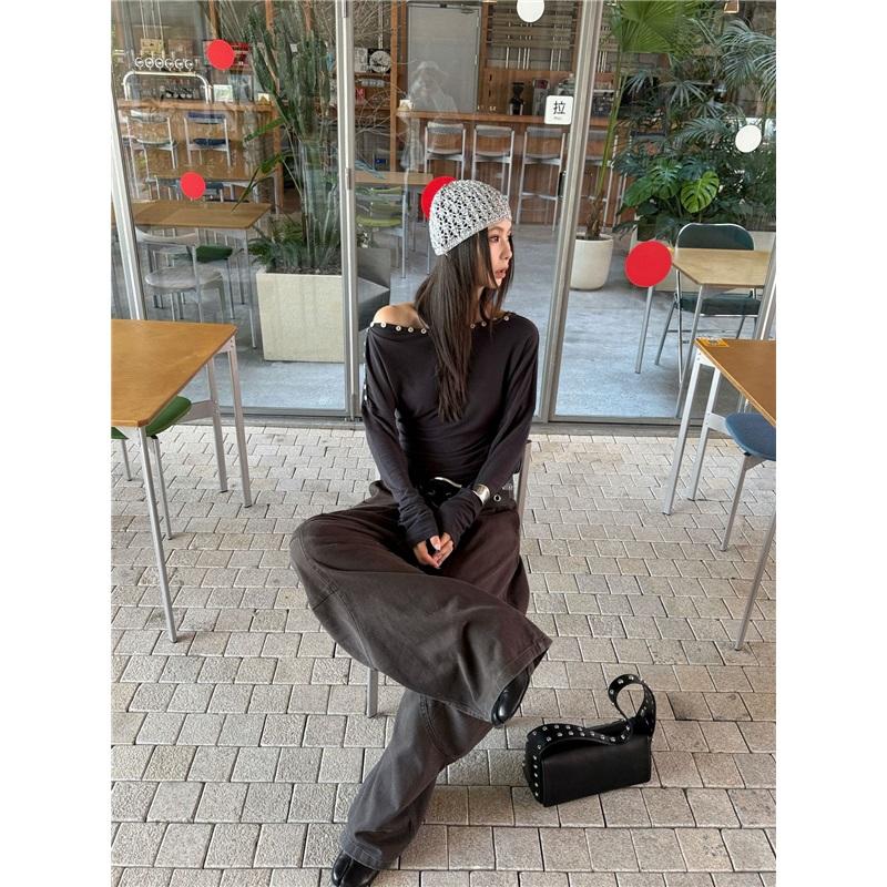 Fashionable Street Casual Shell Button Off-shoulder Long-sleeve High-stretch T-shirt