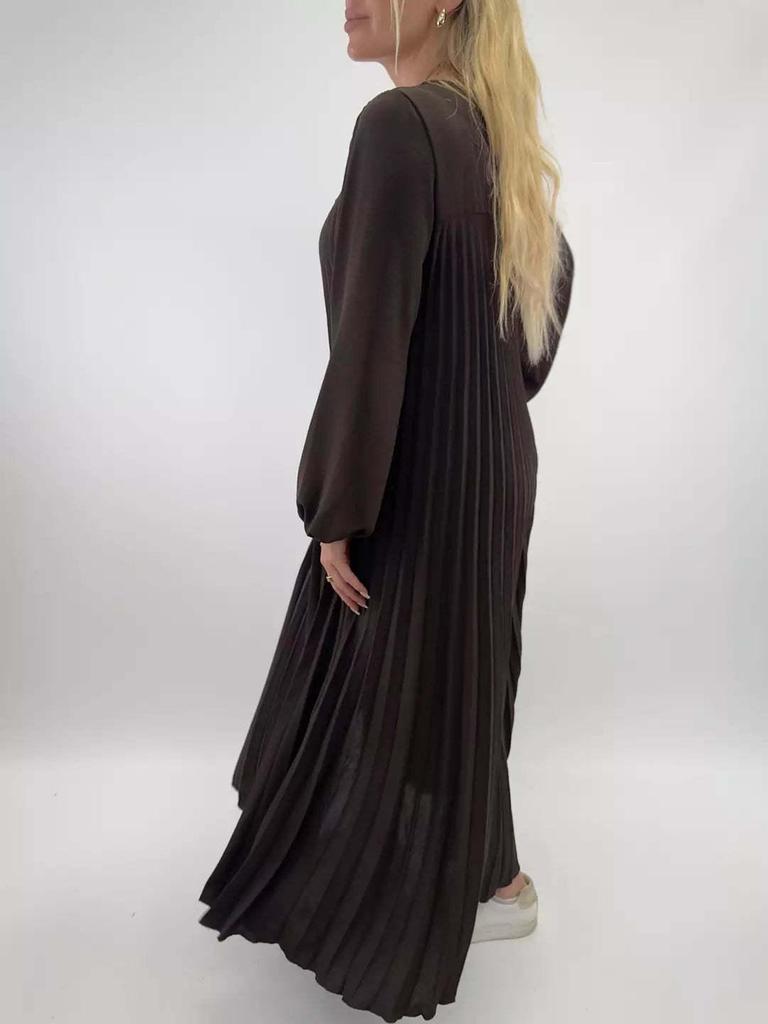 Herbst Damen Casual Einfarbig Plissiertes Langes Kleid