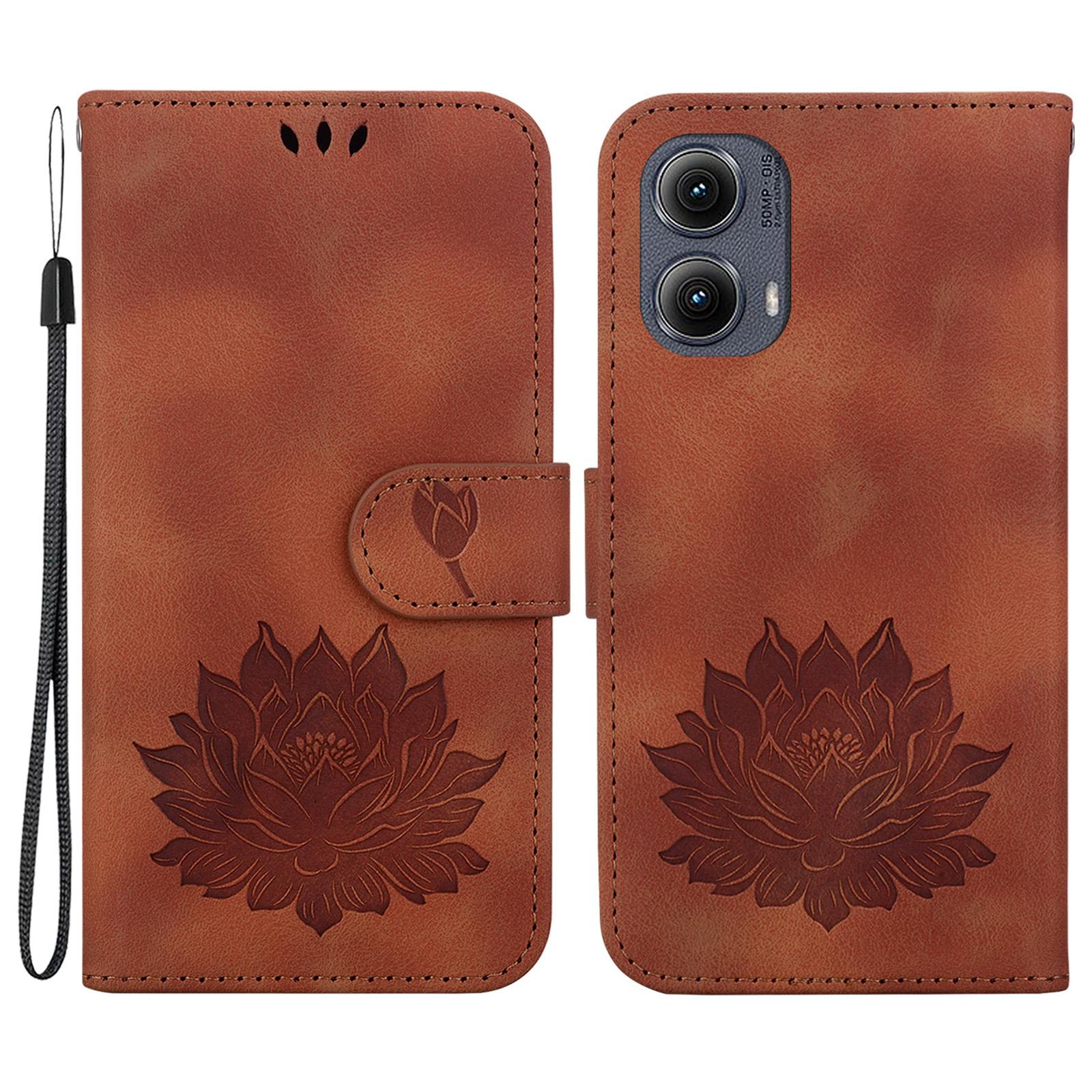 

For Motorola Edge (2024) 5G Wallet Phone Case Lotus Imprint Leather Stand Cover Brown