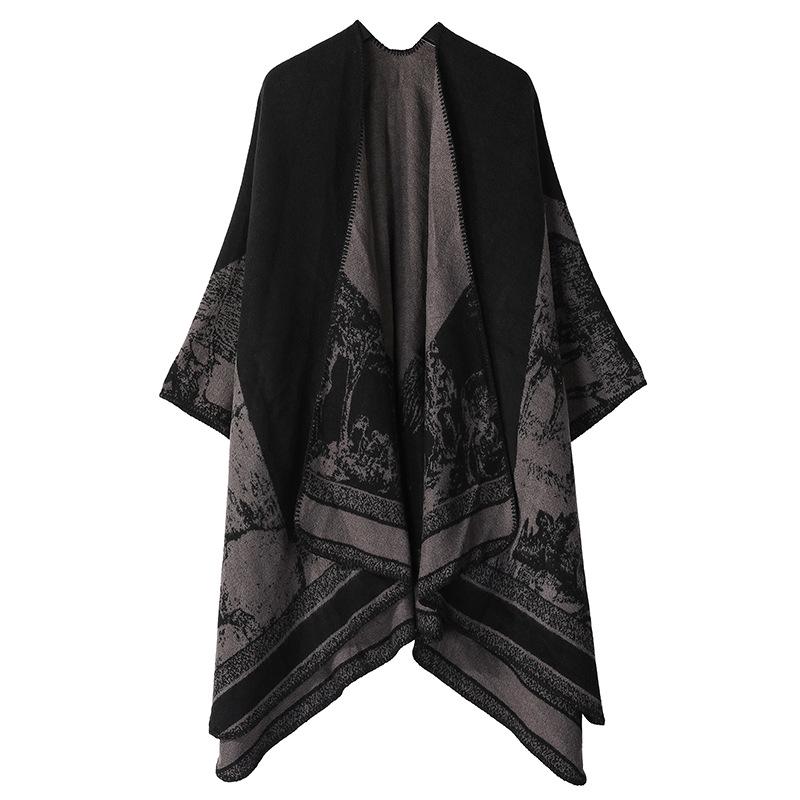 Women's Black & Grey Ethnic Jacquard Shawl with Tassels - Autumn/Winter Warm Travel Cape
