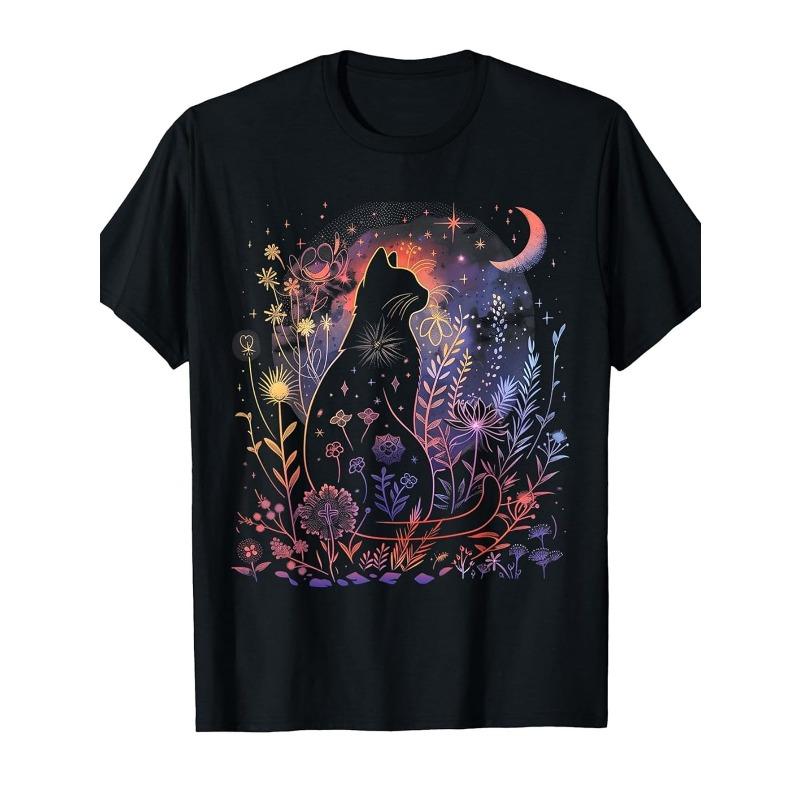European sizes Men'S Gothic Black Cat & Moon T-Shirt | Mystical Night Sky Design with Glowing Fairy, Short Sleeve, Round Neck