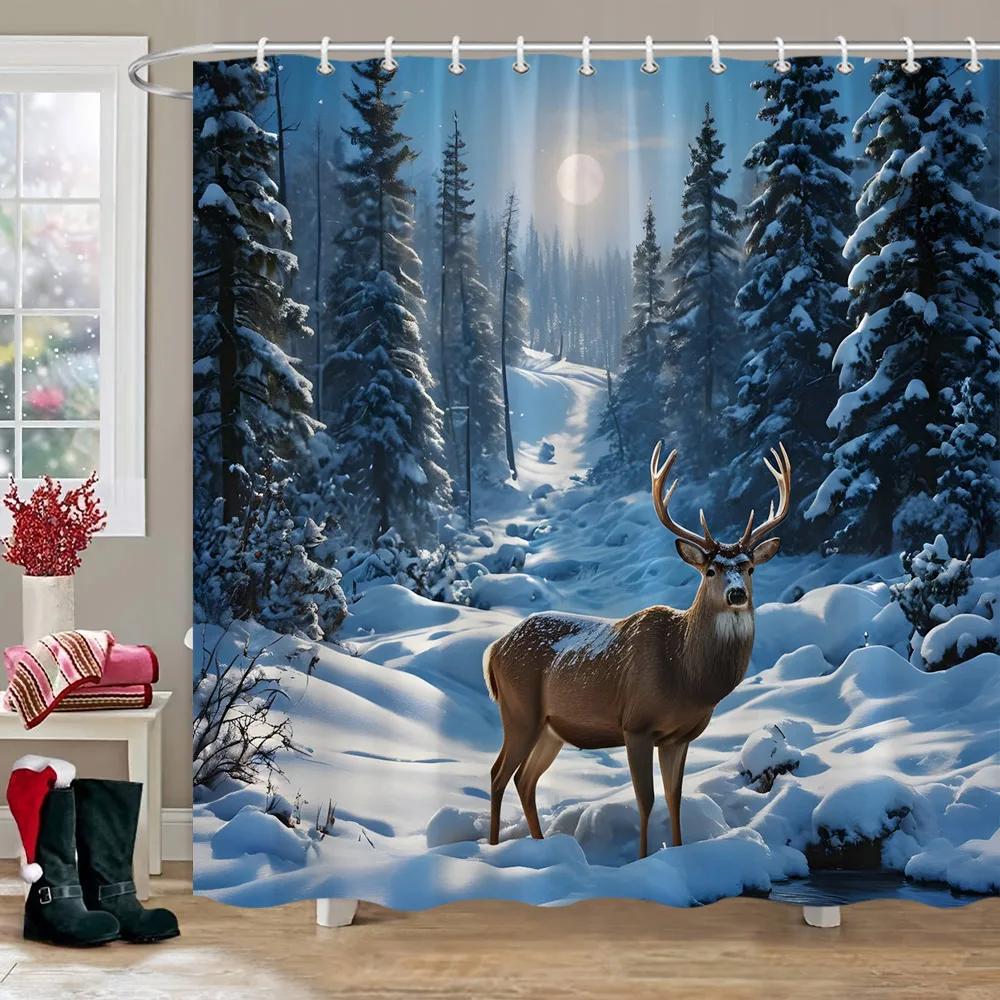 Winter Snow Forest Deer Shower Curtain Christmas Nature Landscape Christmas Gift Polyester Fabric Shower Curtains Bathroom Dec