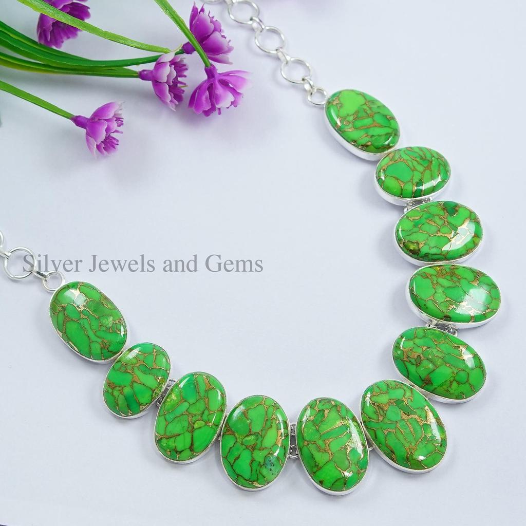 Green Copper Turquoise Necklace , Multi Stone Cluster Necklace, 925 Sterling Silver Necklace, Designer Necklace, Wedding Necklace