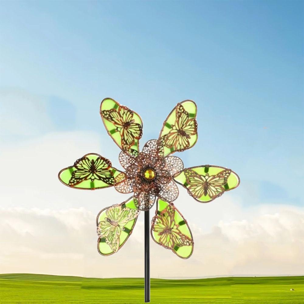 Luminous Effect Windmill Spinner Sculpture Metal Flower Pinwheel Wind Rotator  Lawn