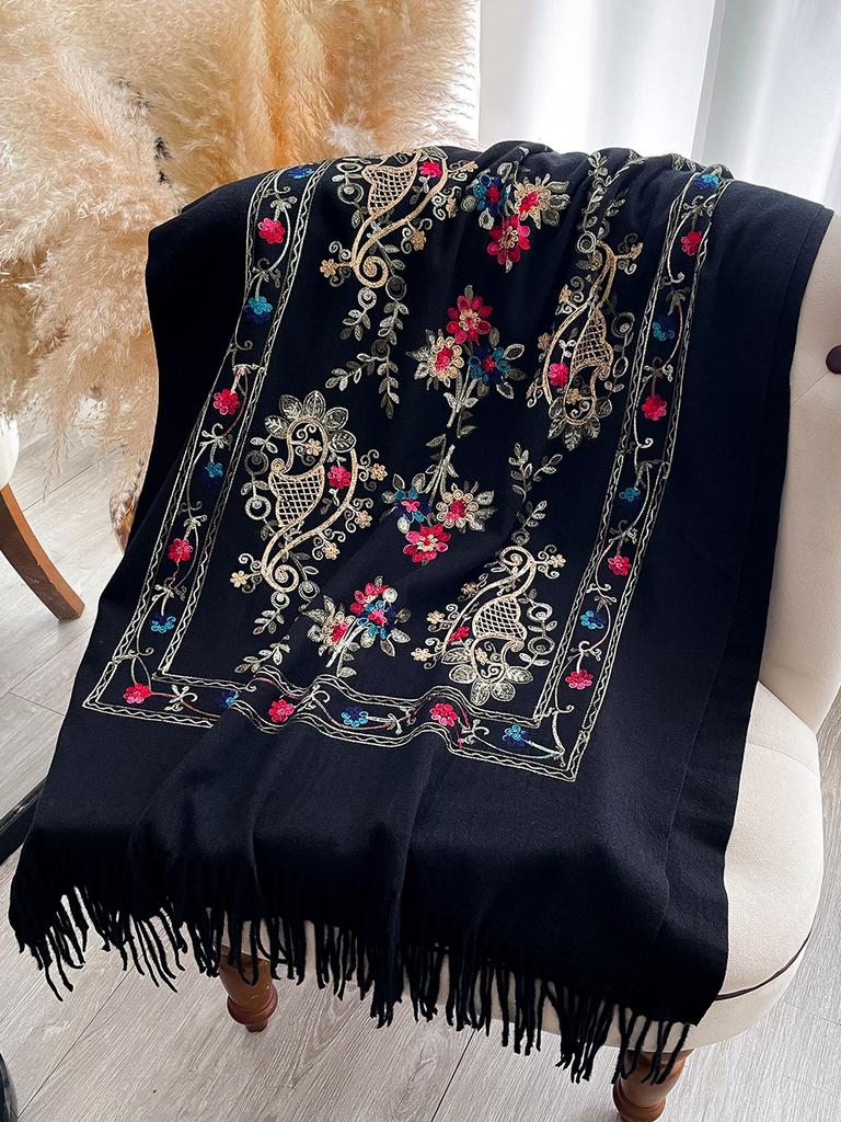 Fashion Scarf Winter Thick Travel Shawl Wrap Head Scarf Women Luxury Embroider Flower Warm Neckerchief Poncho Pashmina Bufanda