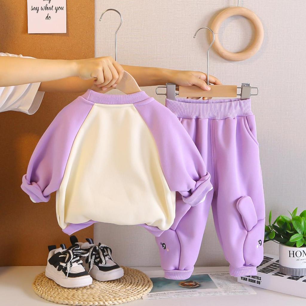 Flickors långärmad 2-delad set för 0-5-åringar, Söt fleece-fickhoodie för flickor, vardagsbyxor, Barnkläder av hög kvalitet