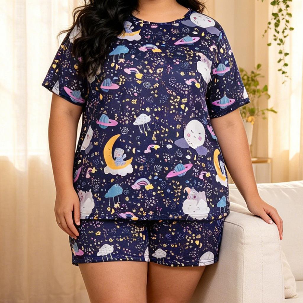 Plus-size Women's Home Clothing Casual Starry Sky Print Design Sleeping Suit Set