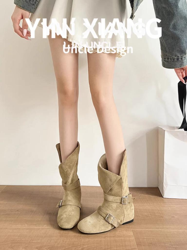 Retro belt buckle medium boots women's 2025 autumn and winter new thin and versatile western boots inner height increase Martin boots