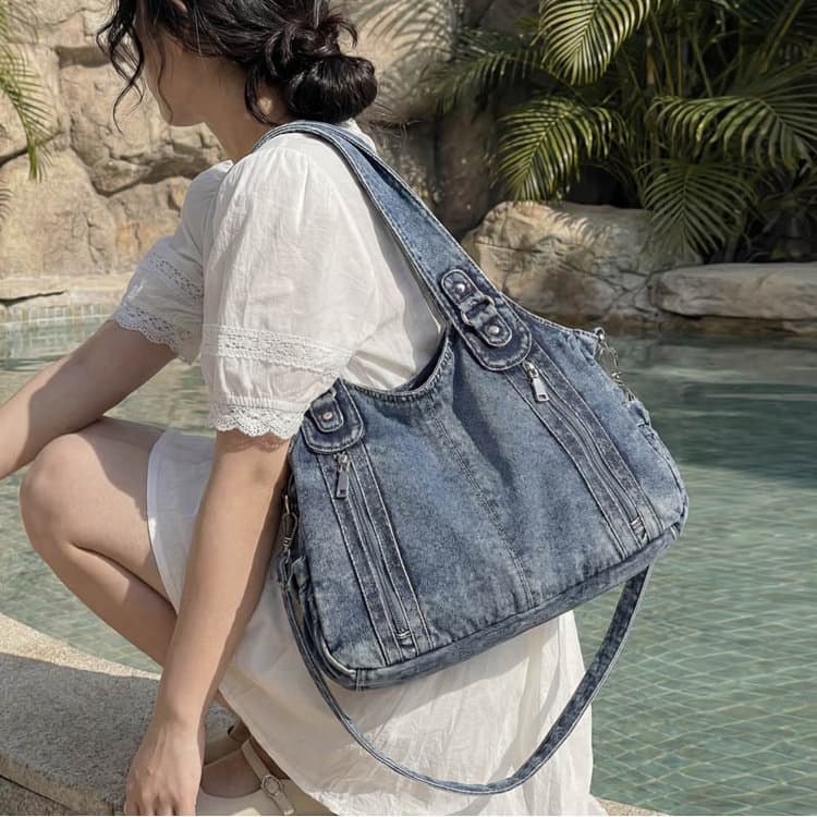 Vintage multi-zipper denim bag women's shoulder messenger bag