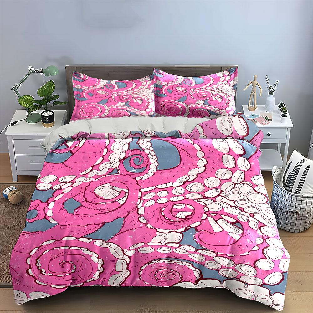 3Pcs Octopus Tentacles Bedding Set, Pink Ocean Creature Print Duvet Cover Set, Soft Microfiber For Teens And Adults