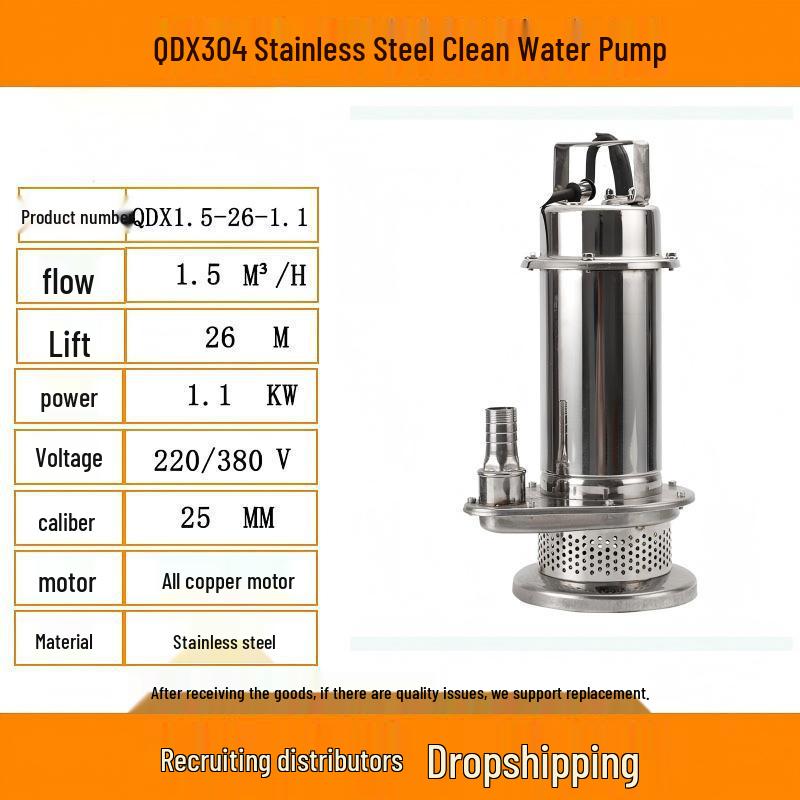 QDX304 Stainless Steel Submersible Water Pump, 220V/380V, High Head with Float Switch for Clean Water