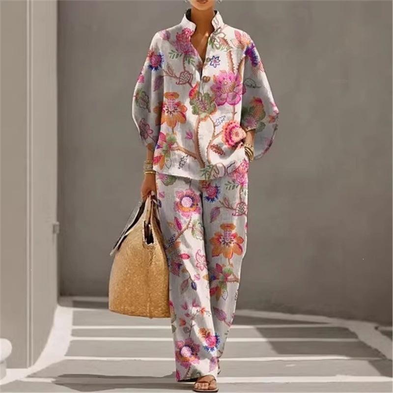 1116 New Women's Printed Two-piece Set Lazy Wind Loose Wide Leg Pants Set European and American Versatile Women