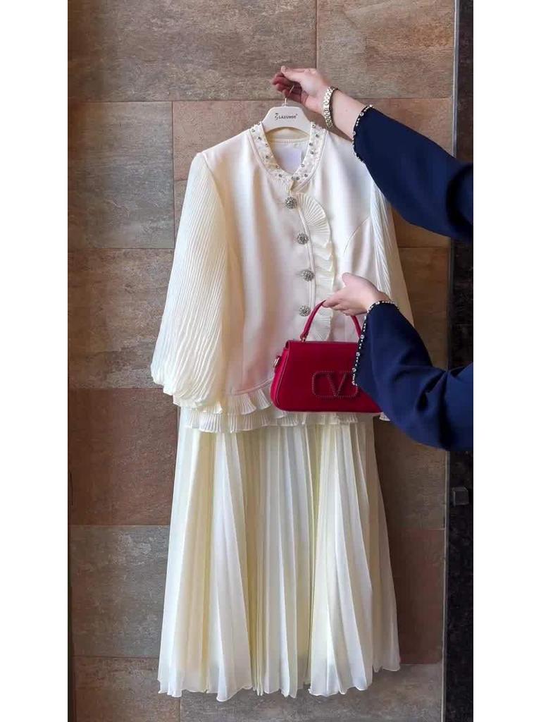 2024 Women's European and American Fashion: Pleated Skirt Suit with Wood Ear Edge