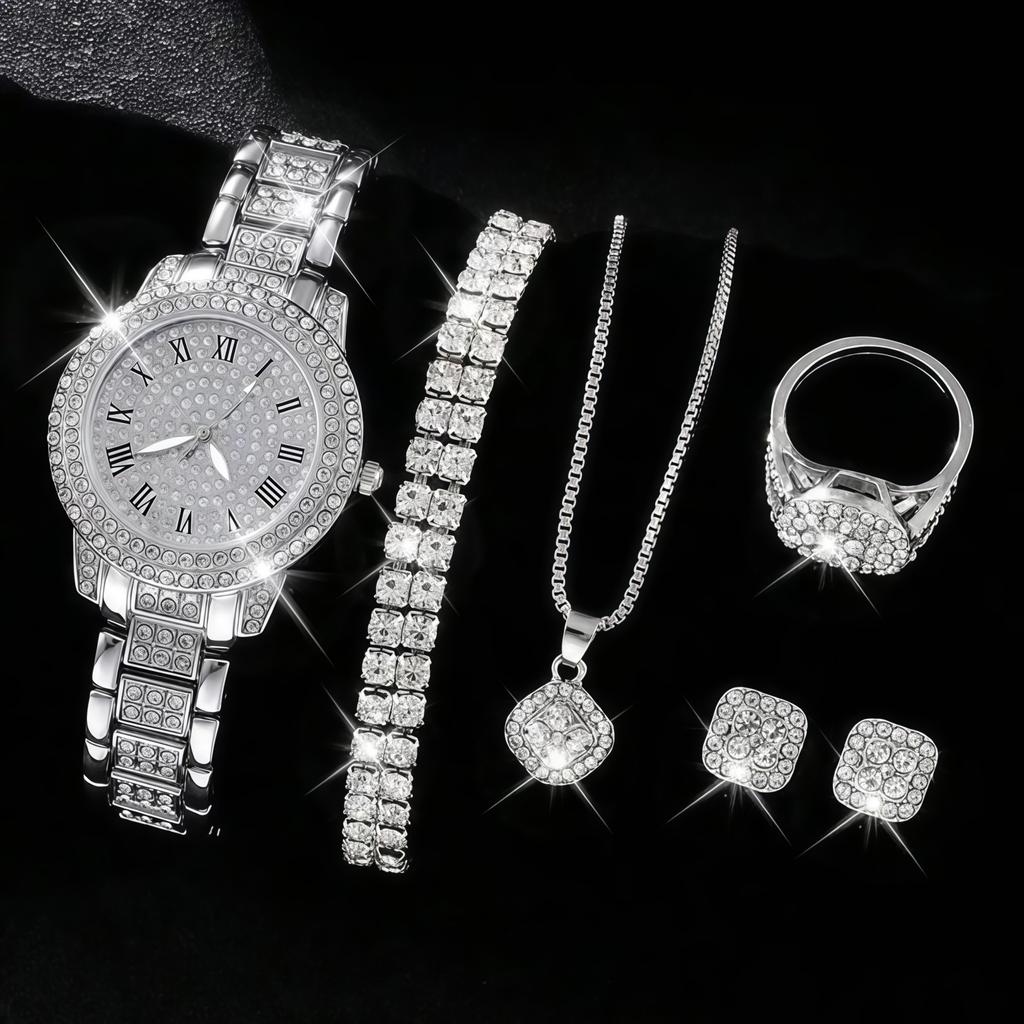 Ladies Cornucopia Diamond Watch Set, Popular 5pcs Bracelet Accessories Fashion Quartz European Beautiful Women Watch Set