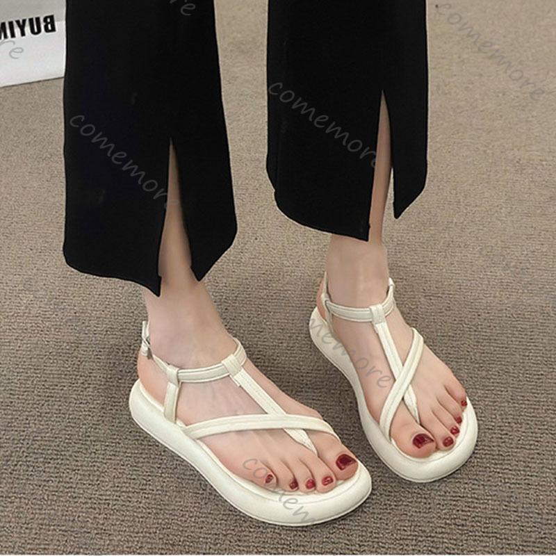 Fashion Comemore Flat Bottom Clip Toe Sandals Fro Women Casual Summer New Fashion Cross Strap Soft Sole Beach Shoes Solid Roman Sandales