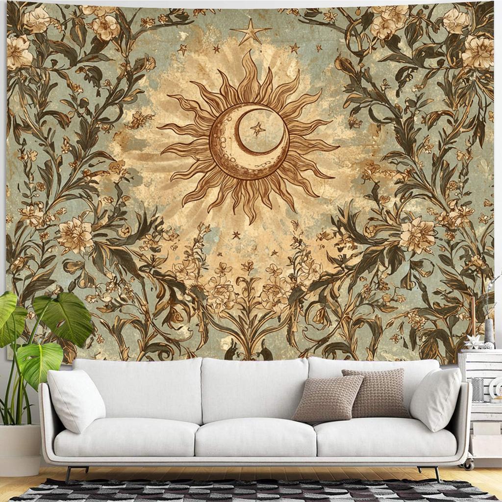VIKAMA Tapisserie Rétro Soleil Lune Fleur Style Bohémien Mystérieux Tarot Salon Mur de Fond Canapé Décoration de Pièce