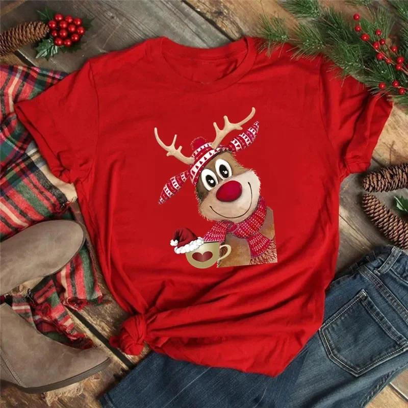Women Tshirts Merry Christmas Tree Print Red Top Femal New Clothing Short Sleeve Fashion Harajuku Kawaii T-shirt Y2K Clothing