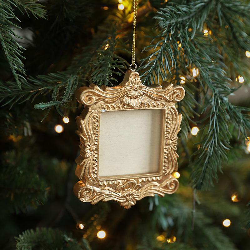 Resin Classic Baroque Frame Christmas Tree Pendant  Golden Square Oval Frame Christmas Hanging Decoration Home Ornaments