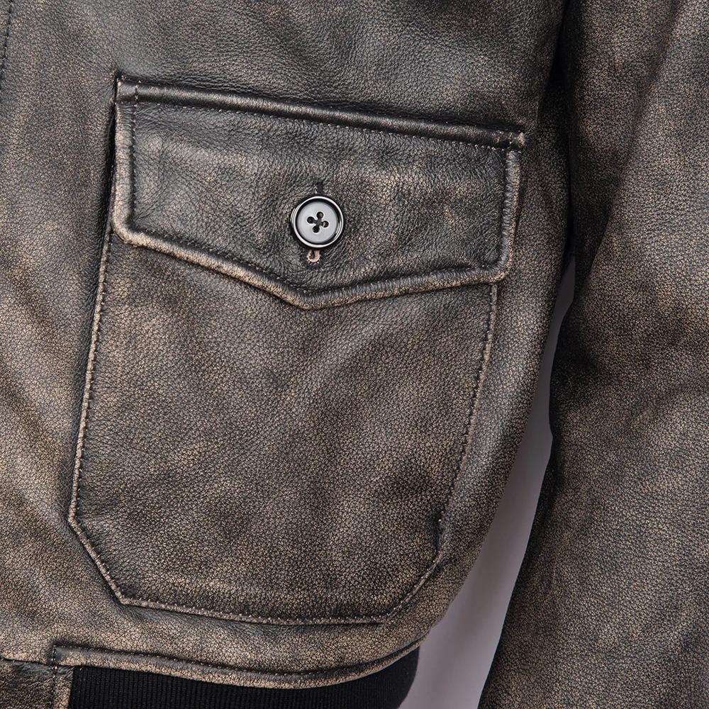 Maplesteed Super G1 Flight Jacket Men Gray Leather Jacket Vintage Quilted Natural Cowhide Fur
