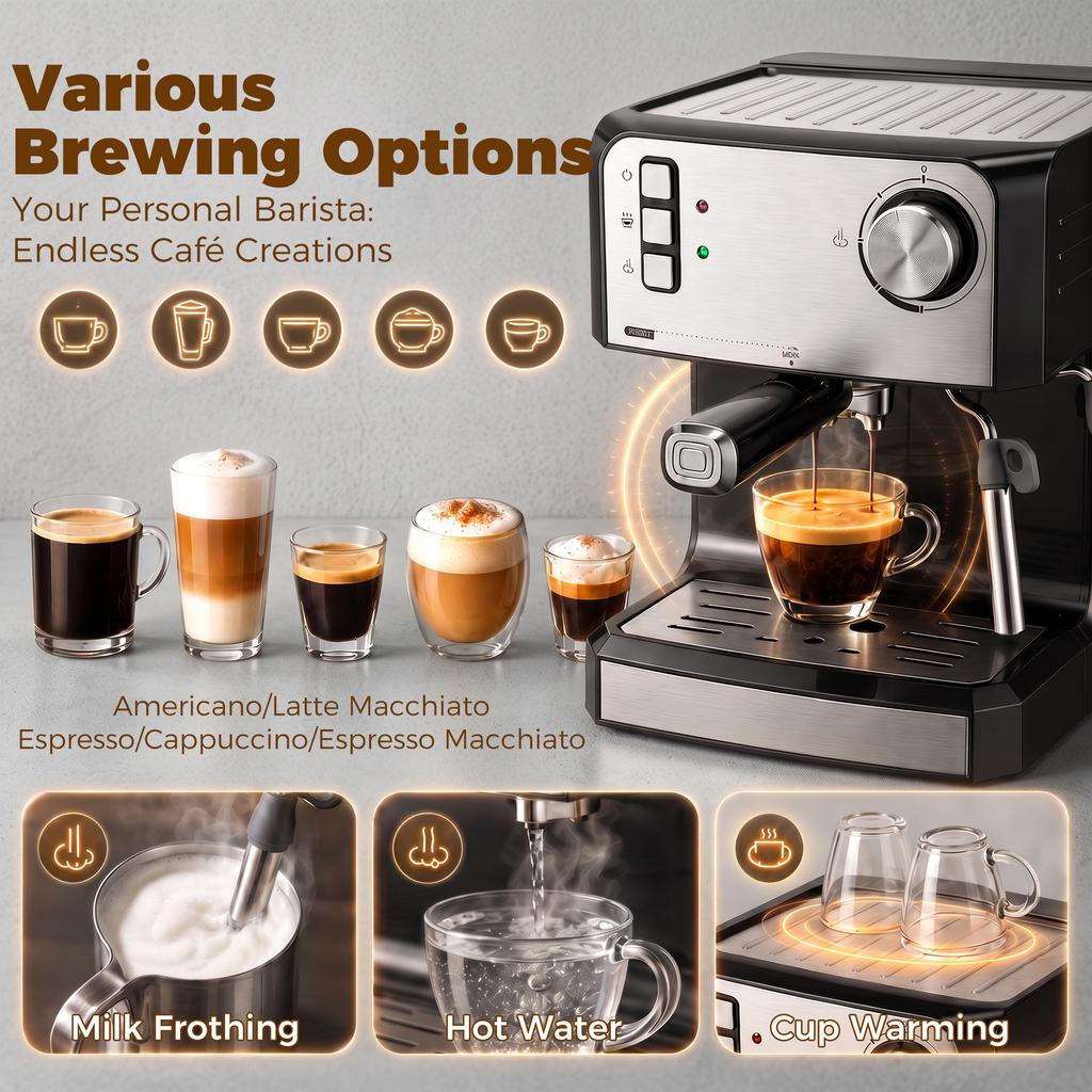 Espresso Machine, 20-Bar Coffee Machine with Milk Frothing Nozzle, 1.6L Water Tank, Black