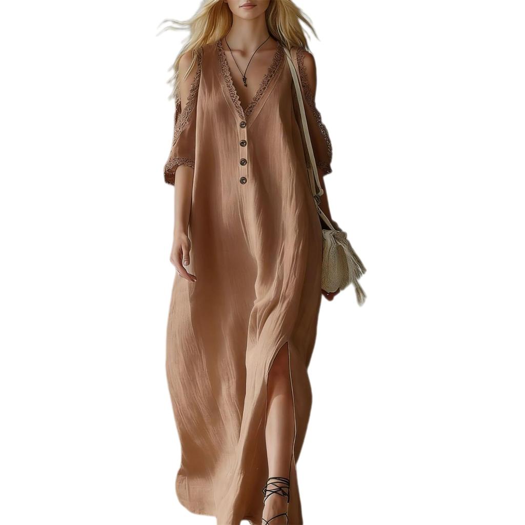 Women’s Lace Trim Loose Fit Off Shoulder Maxi Dress Casual Long Sleeve Button Down Design with Side Slit and V Neck