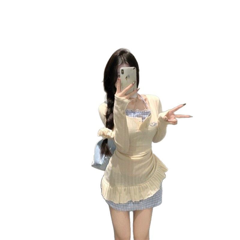 Korean Irregular Halter Neck Two-Piece Long Sleeve Dress - Women's Slimming Autumn 2026 Collection