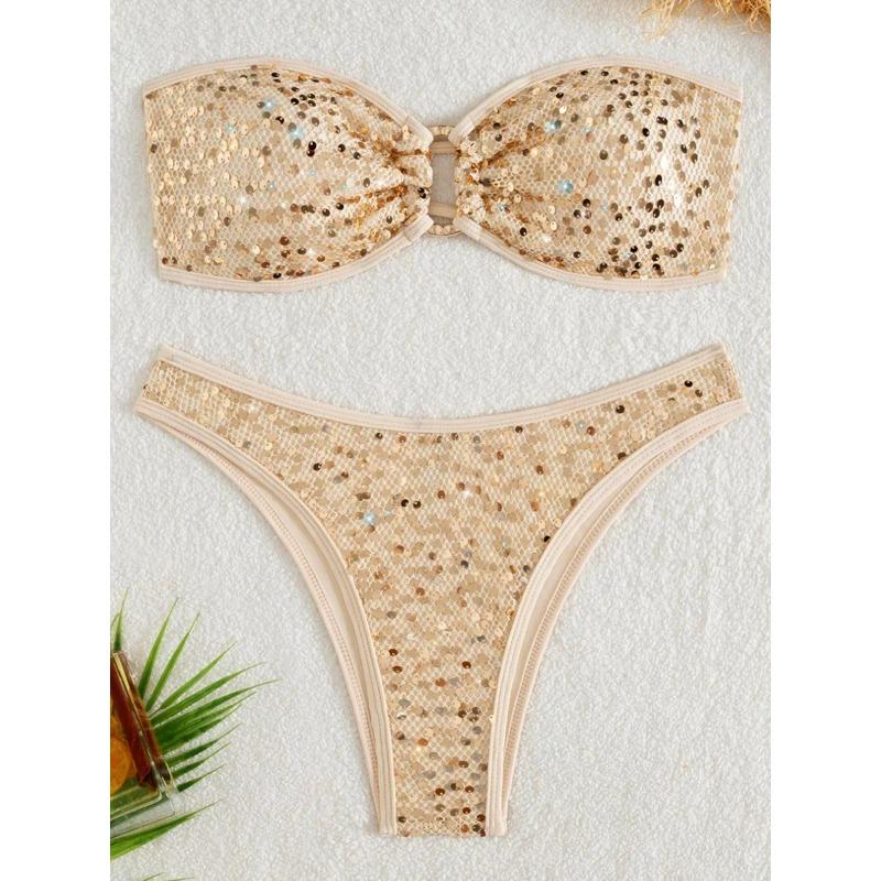 Sequins Shiny Mesh Bandeau Bikini Female Swimsuit Women Swimwear Two-pieces Bikini Set Brazilian Bather Bathing Suit Swim Lady