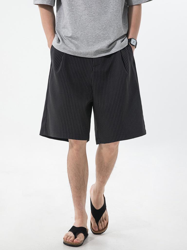Vintage Striped Men Shorts With Pleated Design For Casual Summer Youth Wear