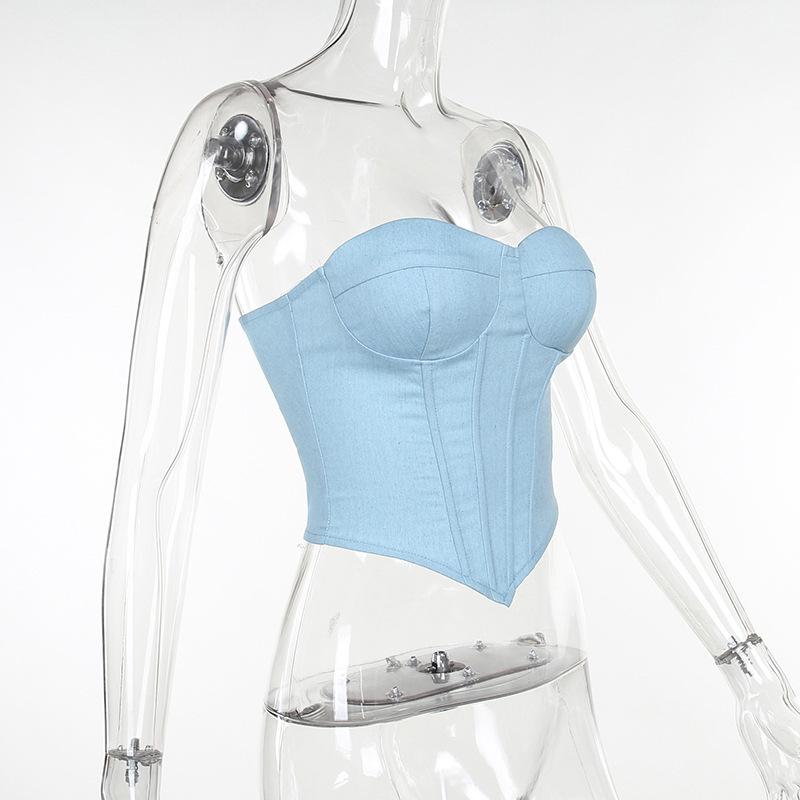 Top tubo de mezclilla sintética con copas para el busto a la moda para mujer Faja Spice Girl Top con escote pronunciado
