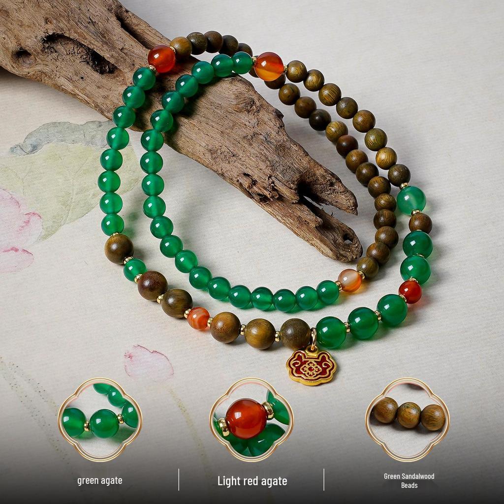 Green Sandalwood Triple-Wrap Bracelet with Natural Agate for Women - Five Elements Wood Niche