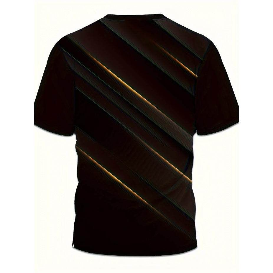 Herren Schwarzes 3D-Druck T-Shirt mit Goldenen Geometrischen Streifen – Lässiges Kurzarm-Sommer-Tee für Outdoor-Sport Rundhals