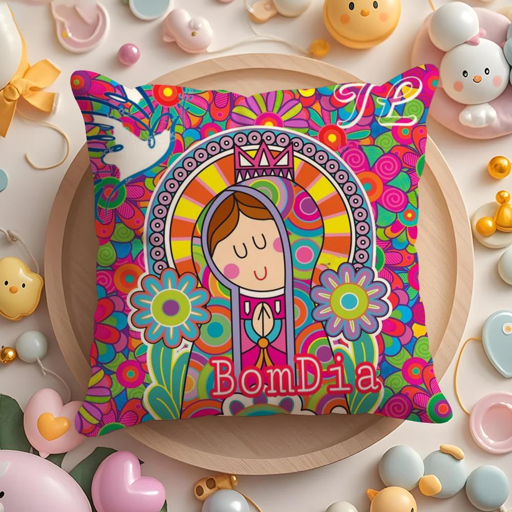 Cartoon Virgin Mary Art Cushion Cover Home & Car Multi-Scene Pillow Cover - Reversible, Soft & Durable for Daily Use