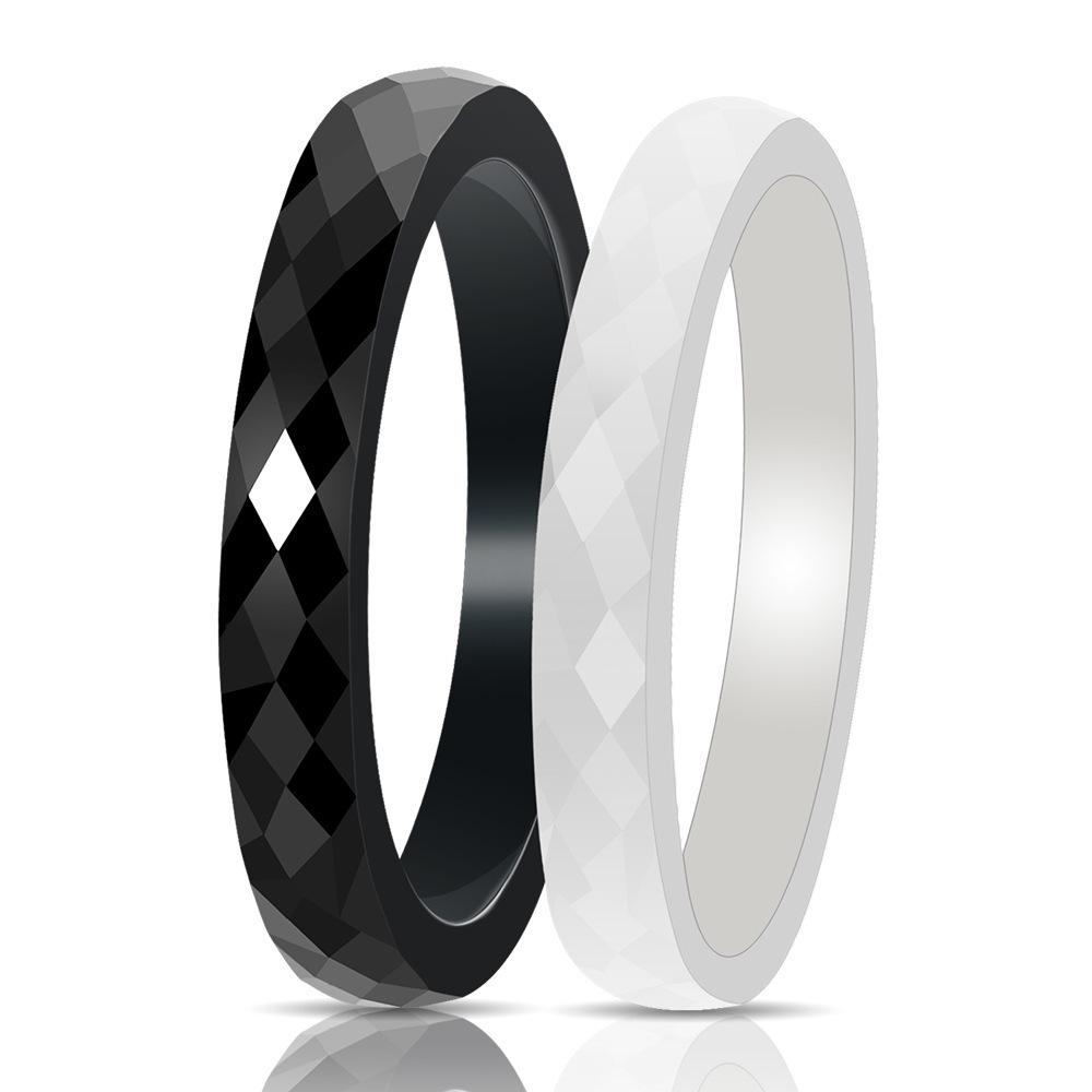 Faceted Ceramic Black and White Polished Diamond Ring, 3MM Wide, Simple and Versatile.