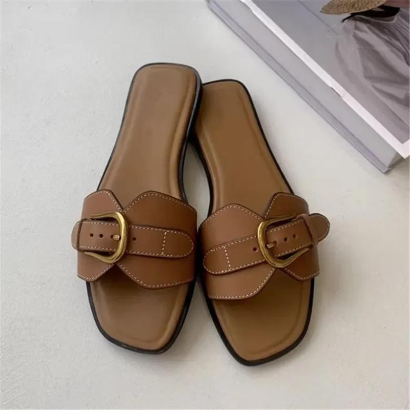Flat Shoes Women's Summer New Square Toe Open Toe Metal Belt Buckle Soft Sole Non-Slip Low Heel Shoes