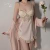 Satin Plus Chest Pad Deep V Temptation Perspective Lace Mesh Ruffle Edge Nightdress Robe Home Set