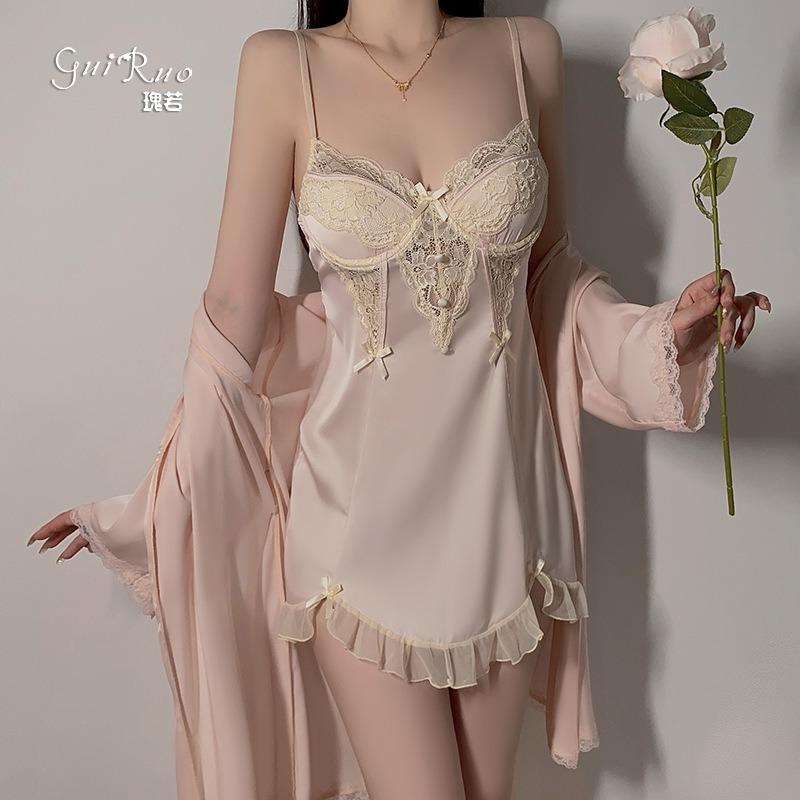 Satin Plus Chest Pad Deep V Temptation Perspective Lace Mesh Ruffle Edge Nightdress Robe Home Set