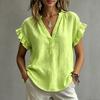 2026 European Bohemian V-Neck Short Sleeve Cotton Linen Women's Top