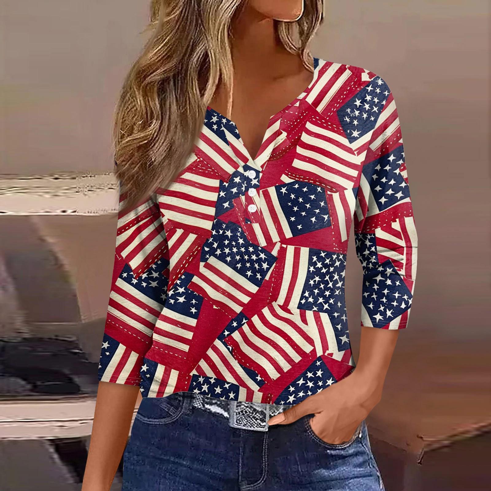

Women s Neck Independence Day Printed Striped Short Sleeve T-Shirt Top XXXL червоний
