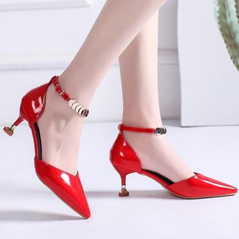 

Spring Women Fashion Sweet Pointed Toe Buckles Strap Stiletto Heels Lady Cool Red Party Heel Shoes White Heels 34 червоний