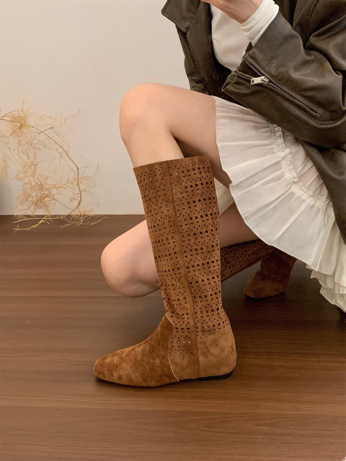 

4CM inner height increase~ retro Spice Girl Maillard hollow boots women s summer breathable non-slip Millennium wind boots 39 коричневый