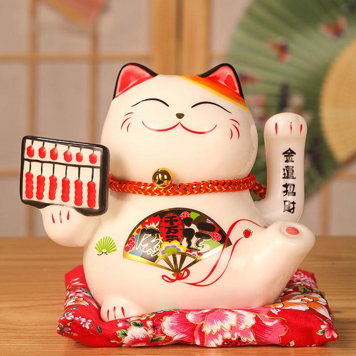 6 Inch Fortune Cat with Waving Arm Ceramic ManekI Neko Feng Shui Ornament Lucky Cat for Shops, Restaurants and Home Deoration