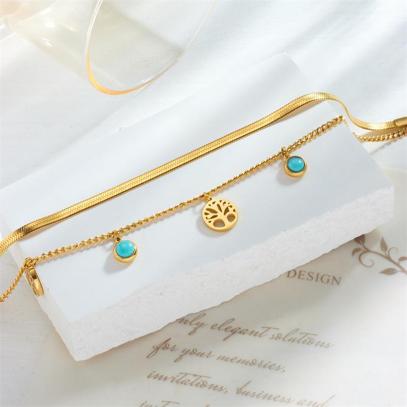 Fashionable Niche Retro High-end Light Luxury Turquoise Tree of Life Round Pendant Double-layer Titanium Steel Bracelet