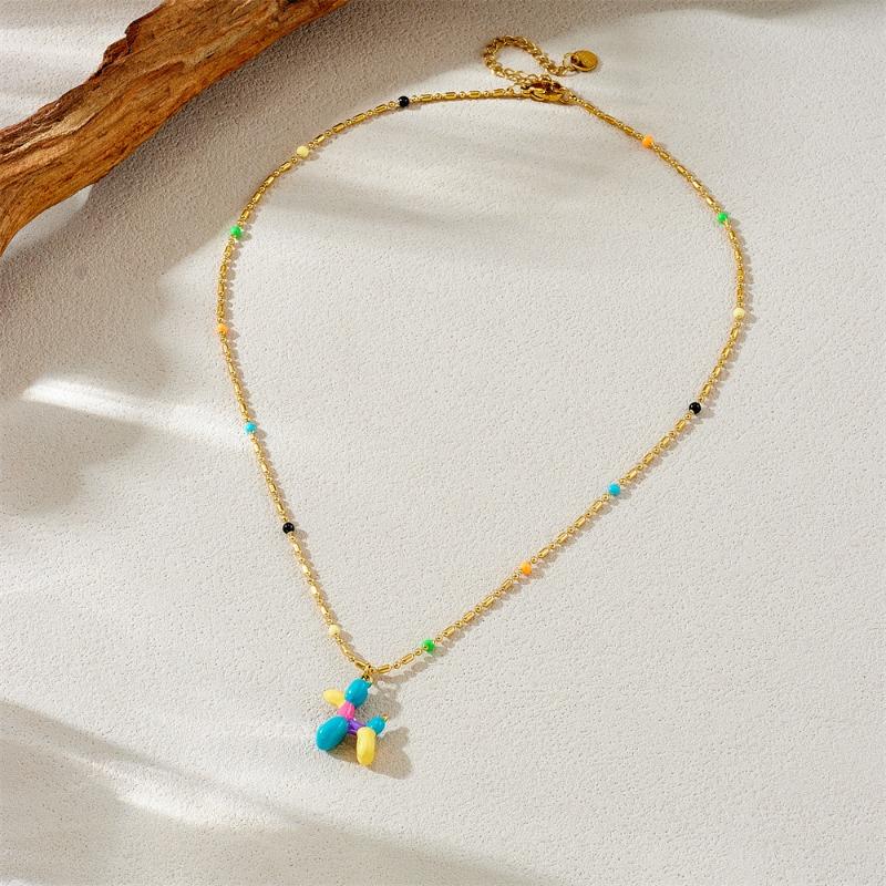 

Gold Plated Colorful Balloon Dog Pendant Necklace for Women Stainless Steel Enamel Beaded Chain золотой
