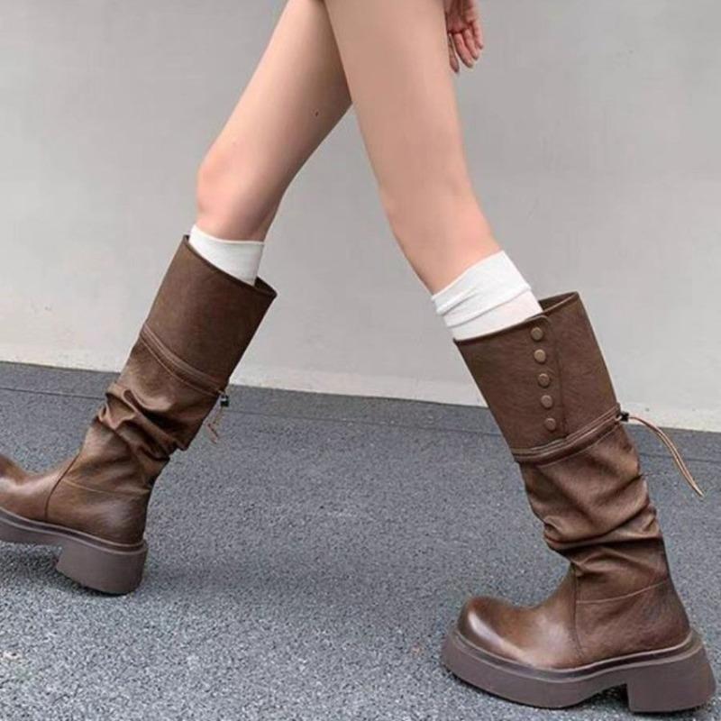New Style Fashion Platform Women Knee High Boots Fashion Slip On Knight Long Booties Square High Heels Autumn Winter Shoes