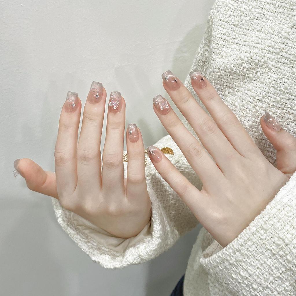 Dreamy French Blush Cat-Eye Diamond Press-On Nails - Handmade, Light-Cured, Hot-Selling False Nail Patches