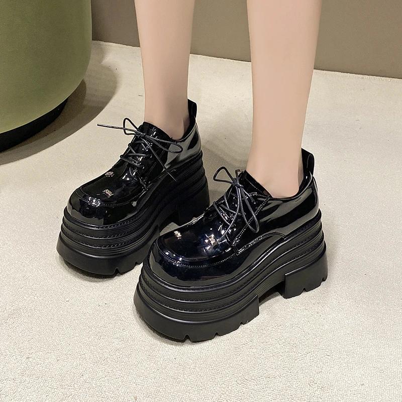 Autumn Women Patent Leather Chunky Sneakers Fur Loafers 10CM High Heels Platform Winter Warm Plush Casual Snow Shoes Flats Woman
