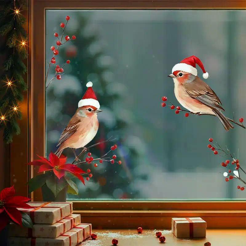 Three Birds In Santa Hats Window Stickers Christmas Theme Red Berry Branches Decoration Wall Stickers Glass Decal Poster